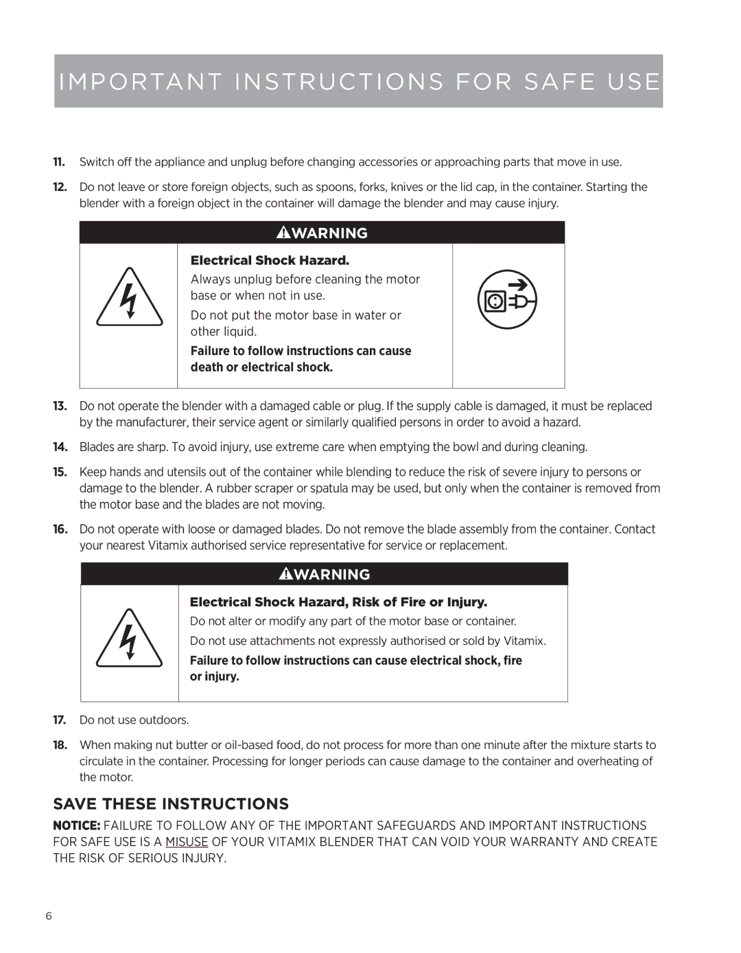 Vita-Mix Professional Series 500 owner manual Electrical Shock Hazard, Risk of Fire or Injury 