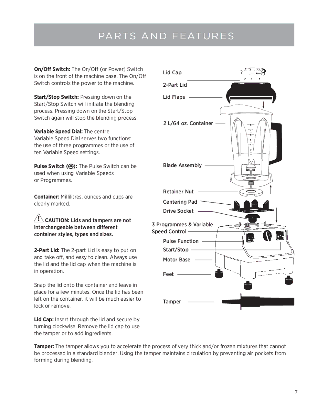 Vita-Mix Professional Series 500 owner manual Parts and Features, Variable Speed Dial The centre 