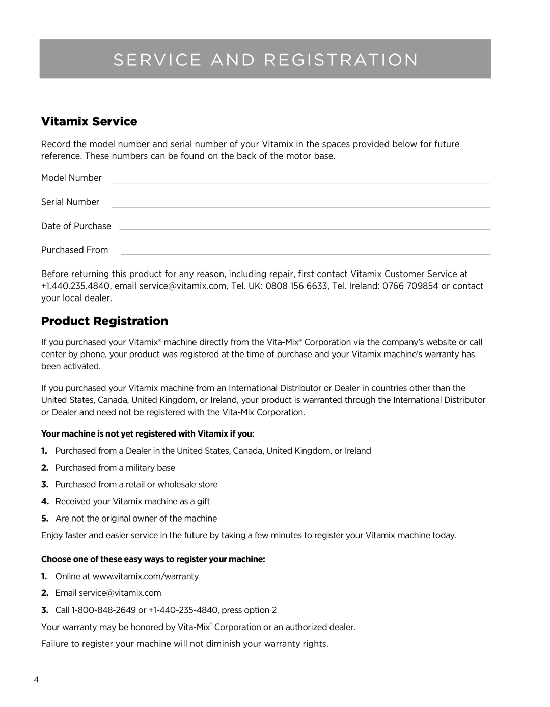 Vita-Mix Professional Series 500 owner manual Service And Registration, Vitamix Service, Product Registration 