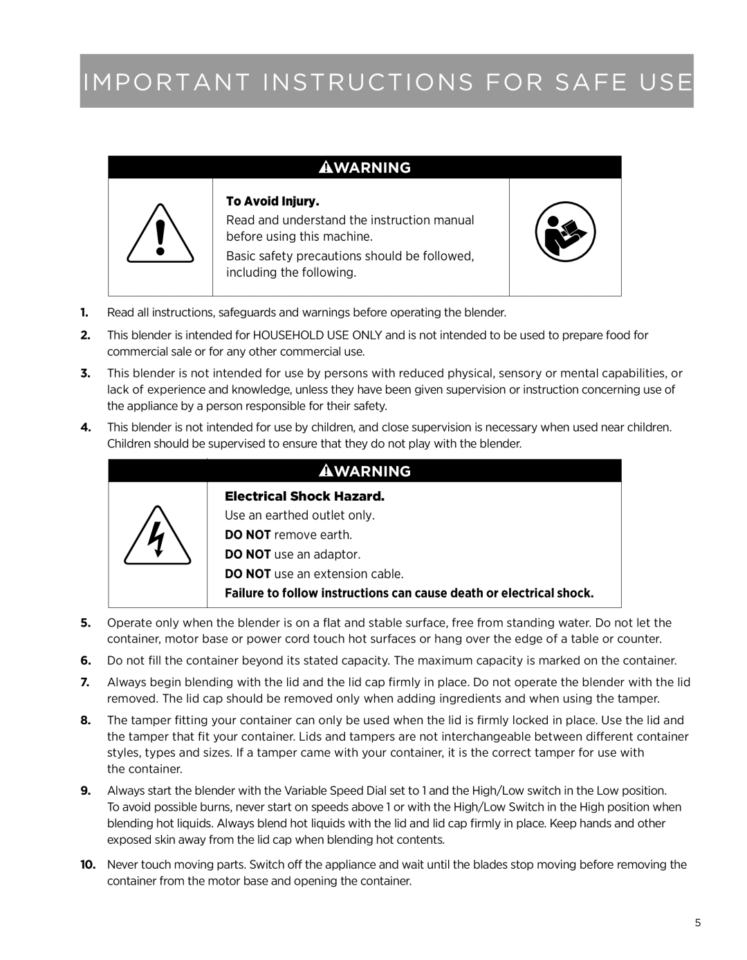 Vita-Mix Professional Series 500 owner manual Important Instructions For Safe Use, To Avoid Injury, Electrical Shock Hazard 