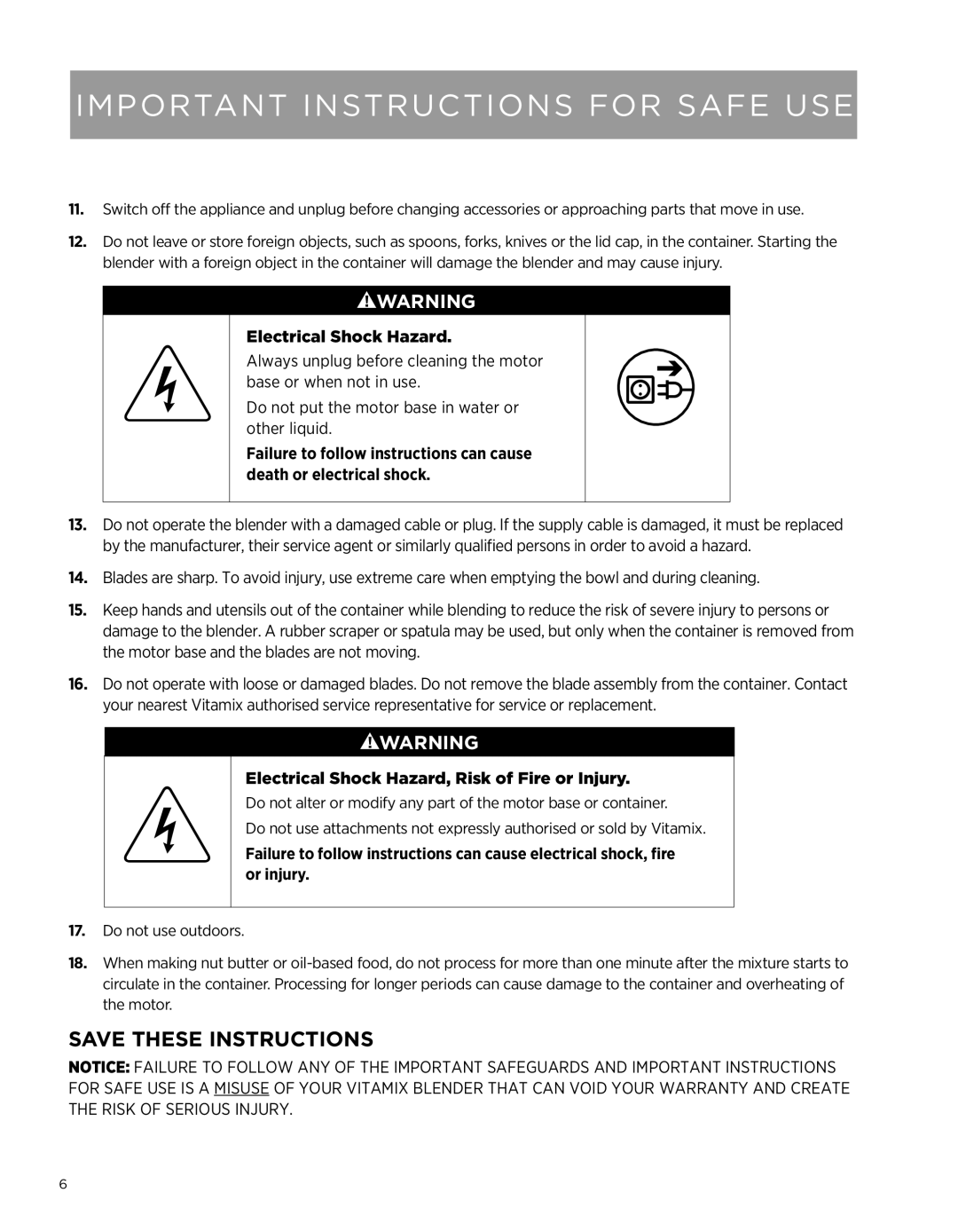 Vita-Mix Professional Series 500 Save These Instructions, Important Instructions For Safe Use, Electrical Shock Hazard 