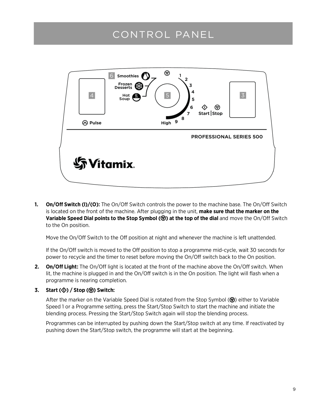 Vita-Mix Professional Series 500 owner manual Control Panel, Start / Stop Switch 
