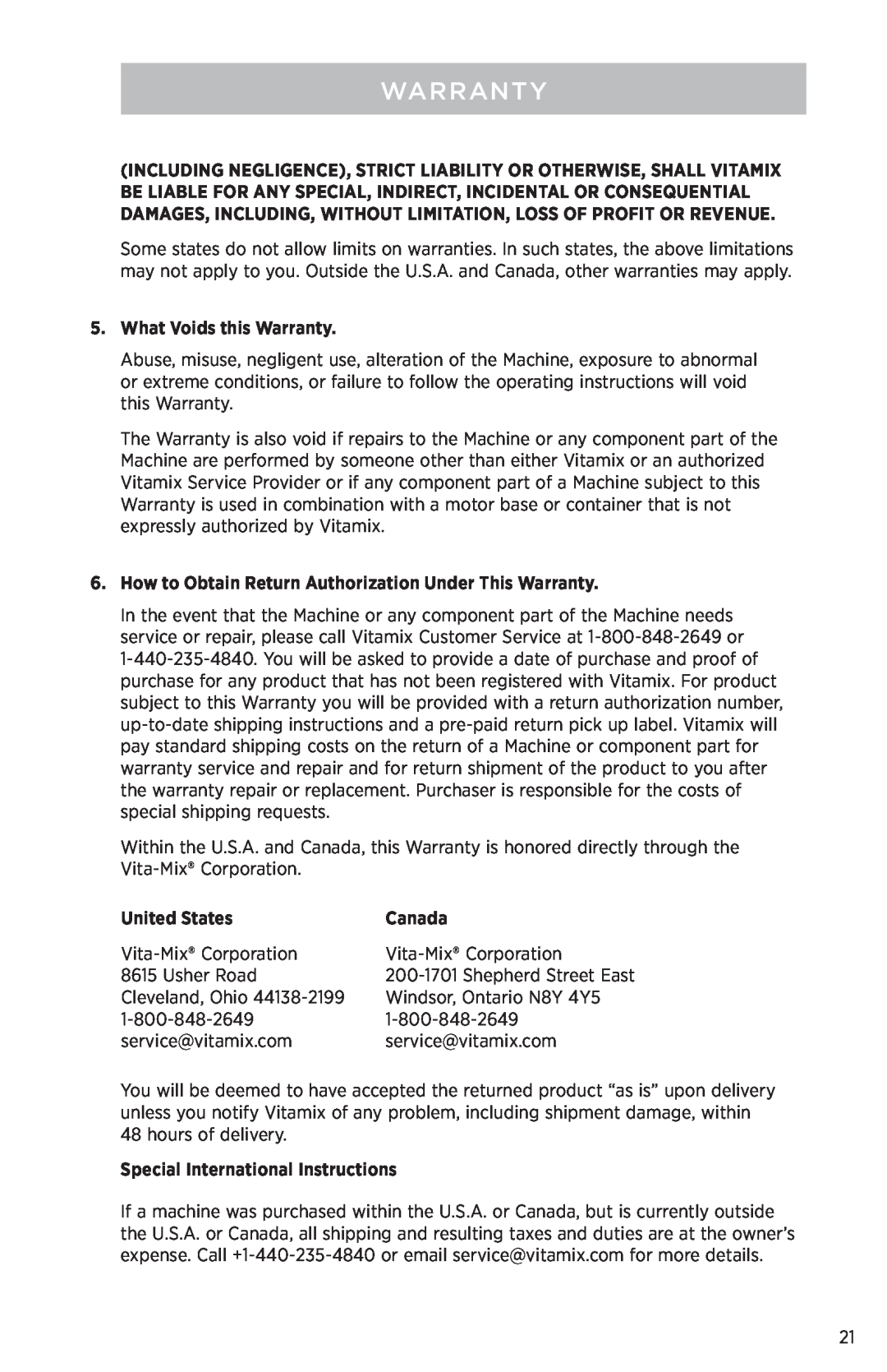 Vita-Mix PROFESSIONAL SERIES 750 What Voids this Warranty, How to Obtain Return Authorization Under This Warranty, Canada 