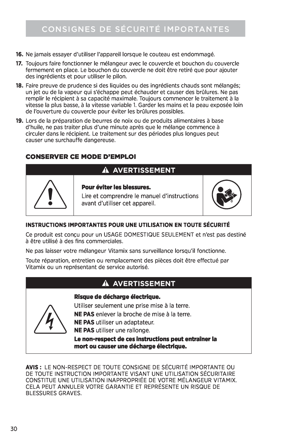 Vita-Mix PROFESSIONAL SERIES 750 manual Avertissement, Conserver Ce Mode D’Emploi, Pour éviter les blessures 