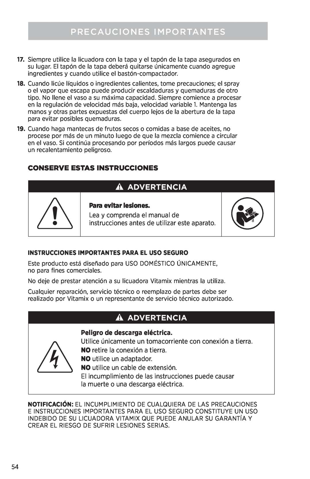 Vita-Mix PROFESSIONAL SERIES 750 Advertencia, Conserve Estas Instrucciones, Para evitar lesiones, Precauciones Importantes 