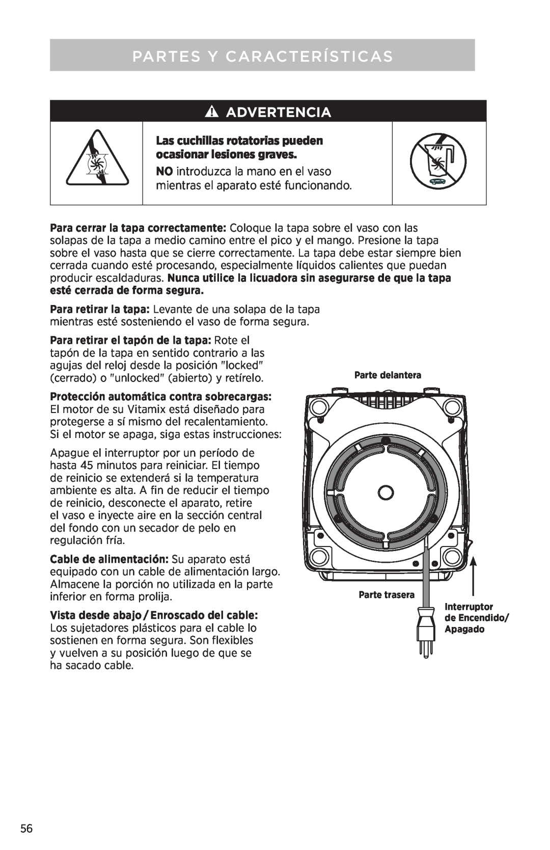 Vita-Mix PROFESSIONAL SERIES 750 manual Partes Y Características, Advertencia 