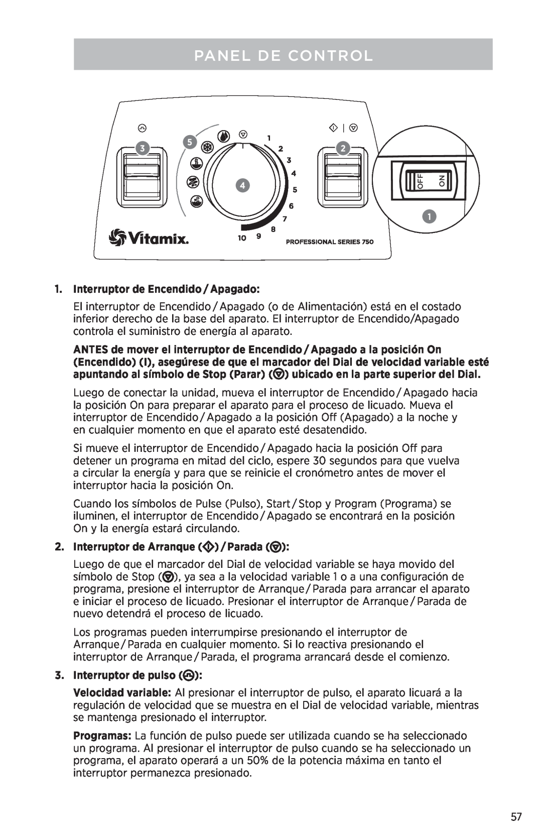 Vita-Mix PROFESSIONAL SERIES 750 Panel De Control, Interruptor de Encendido / Apagado, Interruptor de Arranque / Parada 