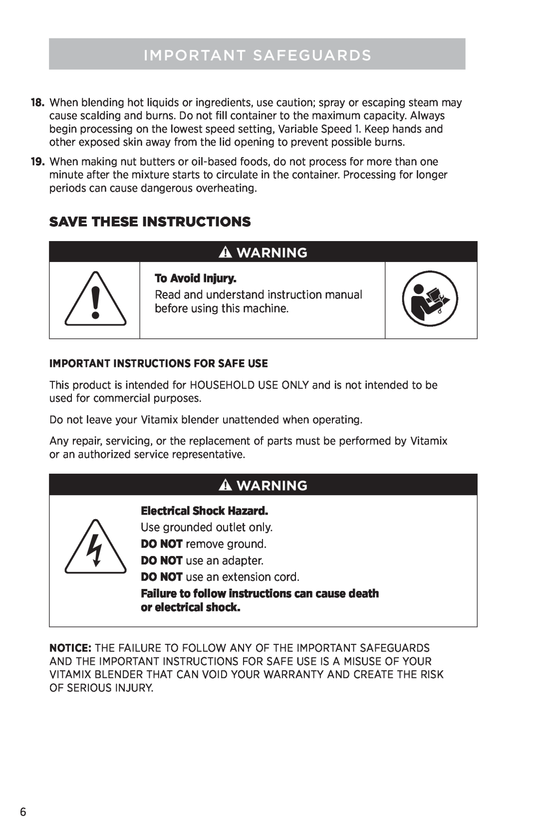 Vita-Mix PROFESSIONAL SERIES 750 Save These Instructions, To Avoid Injury, Electrical Shock Hazard, Important Safeguards 