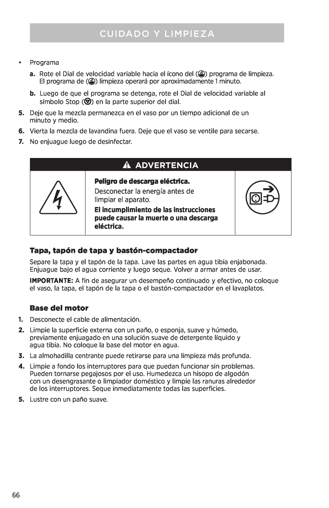 Vita-Mix PROFESSIONAL SERIES 750 Desconectar la energía antes de limpiar el aparato, Base del motor, Cuidado Y Limpieza 