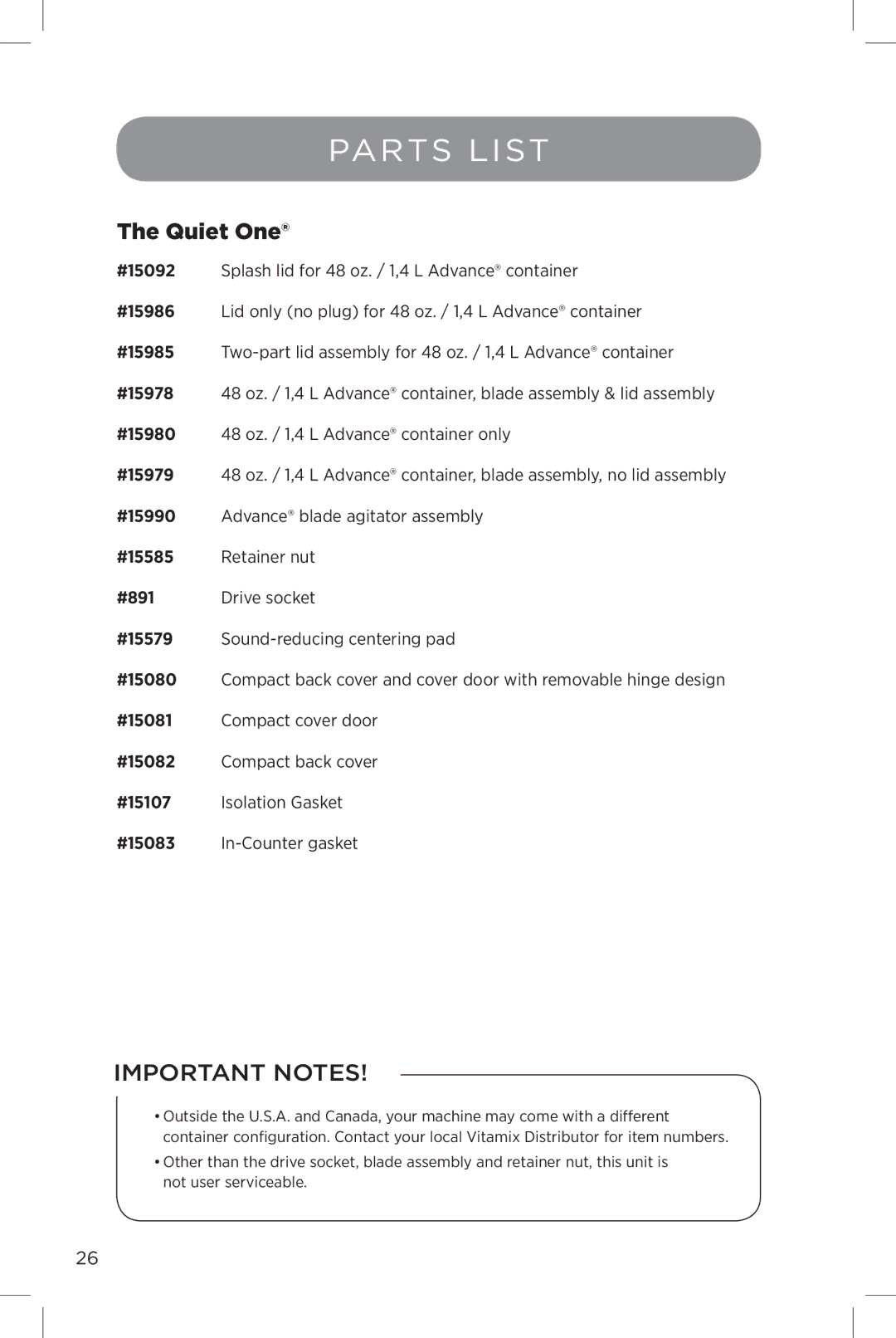 Vita-Mix The Quiet One manual Parts List 