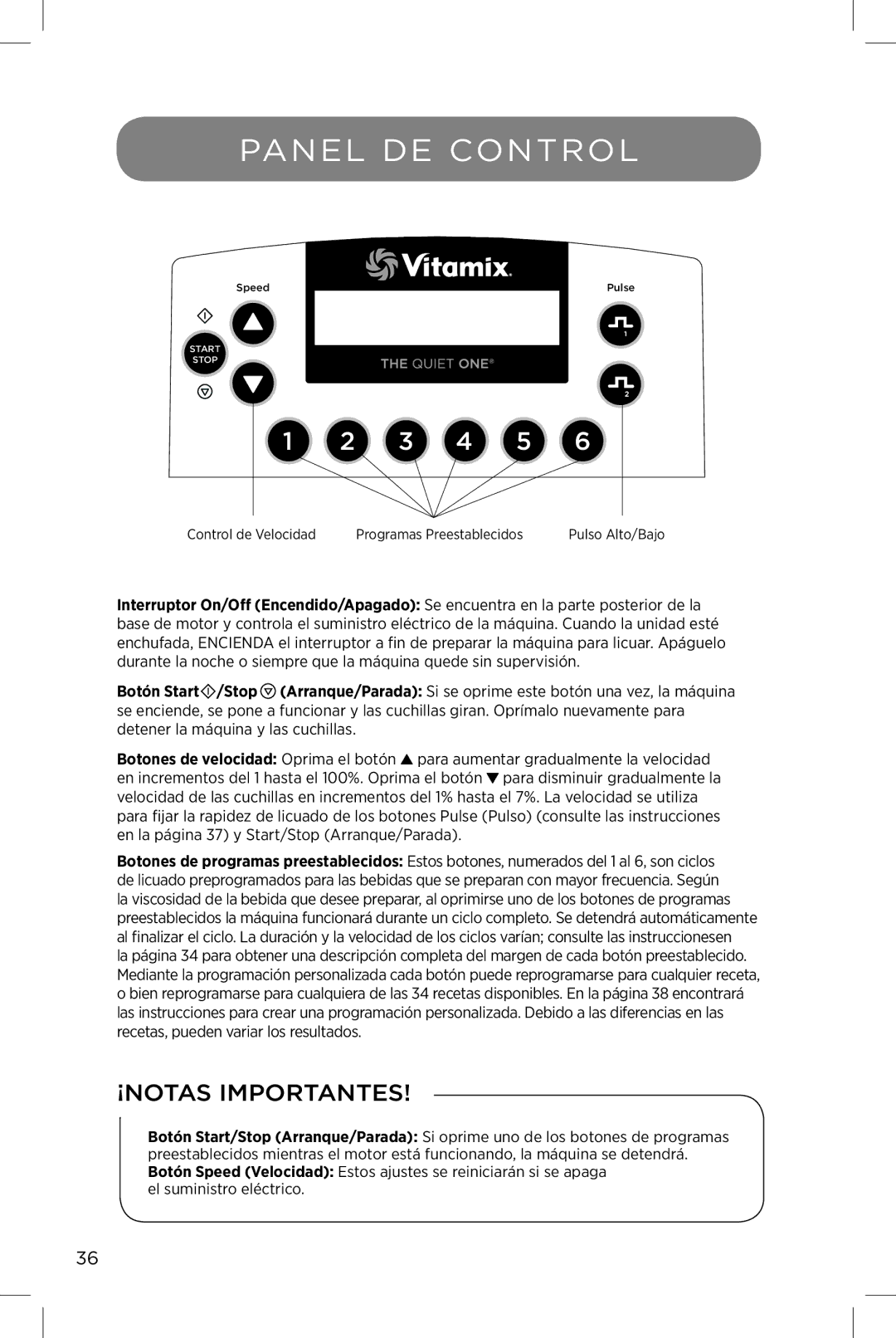 Vita-Mix The Quiet One manual Panel DE Control 