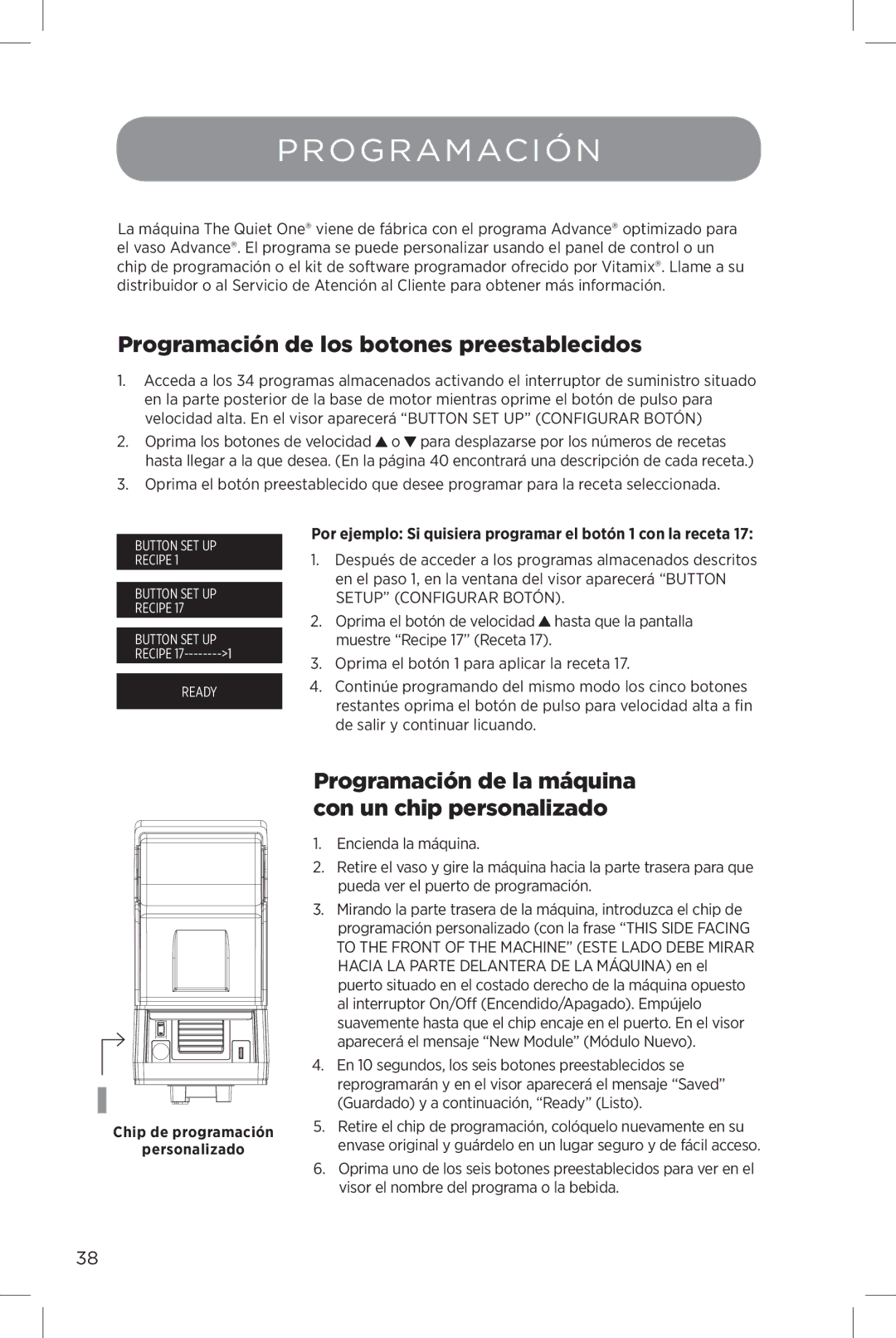 Vita-Mix The Quiet One manual Programación de los botones preestablecidos, Chip de programación Personalizado 