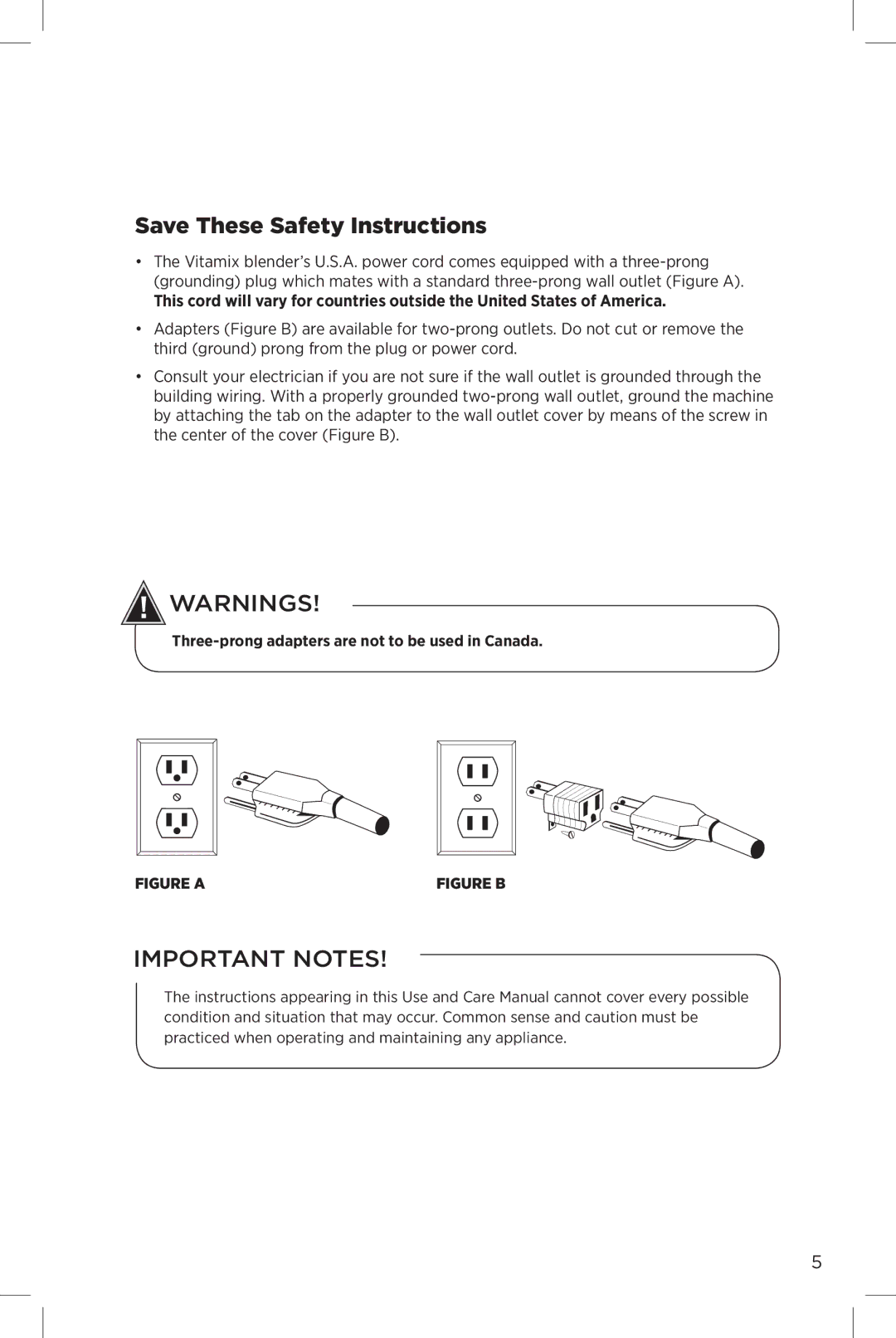 Vita-Mix The Quiet One manual Save These Safety Instructions, Three-prong adapters are not to be used in Canada 