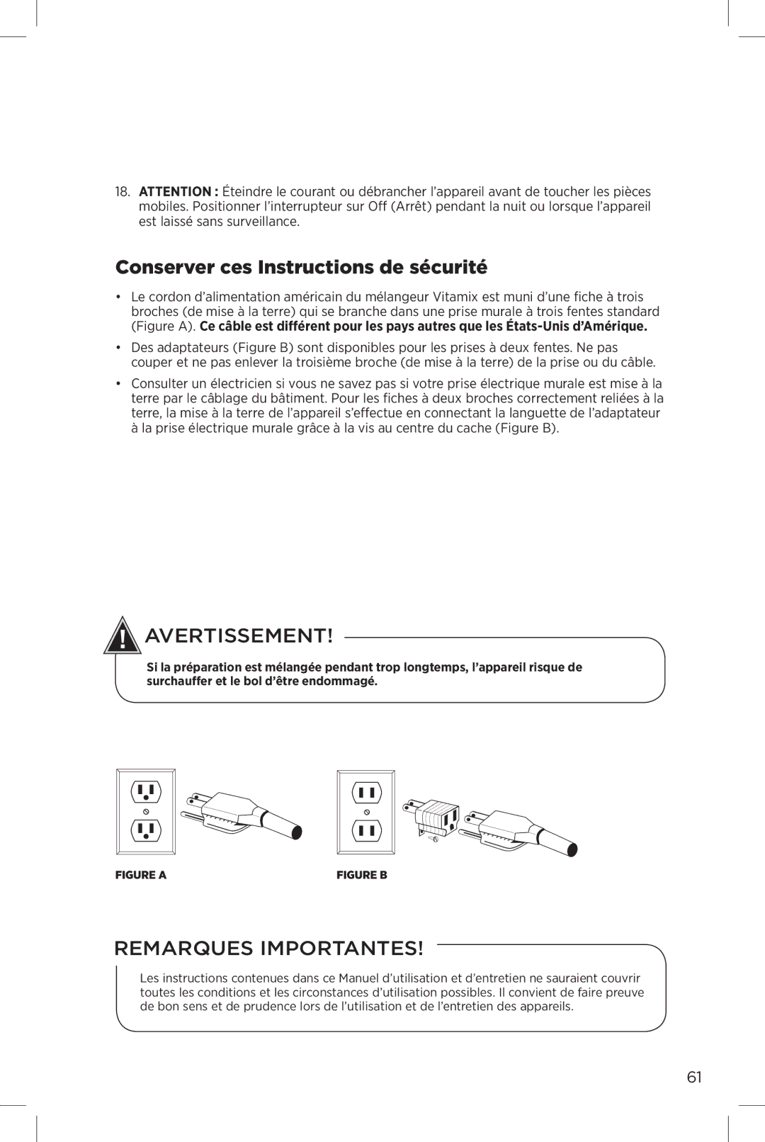 Vita-Mix The Quiet One manual Conserver ces Instructions de sécurité, Avertissement 