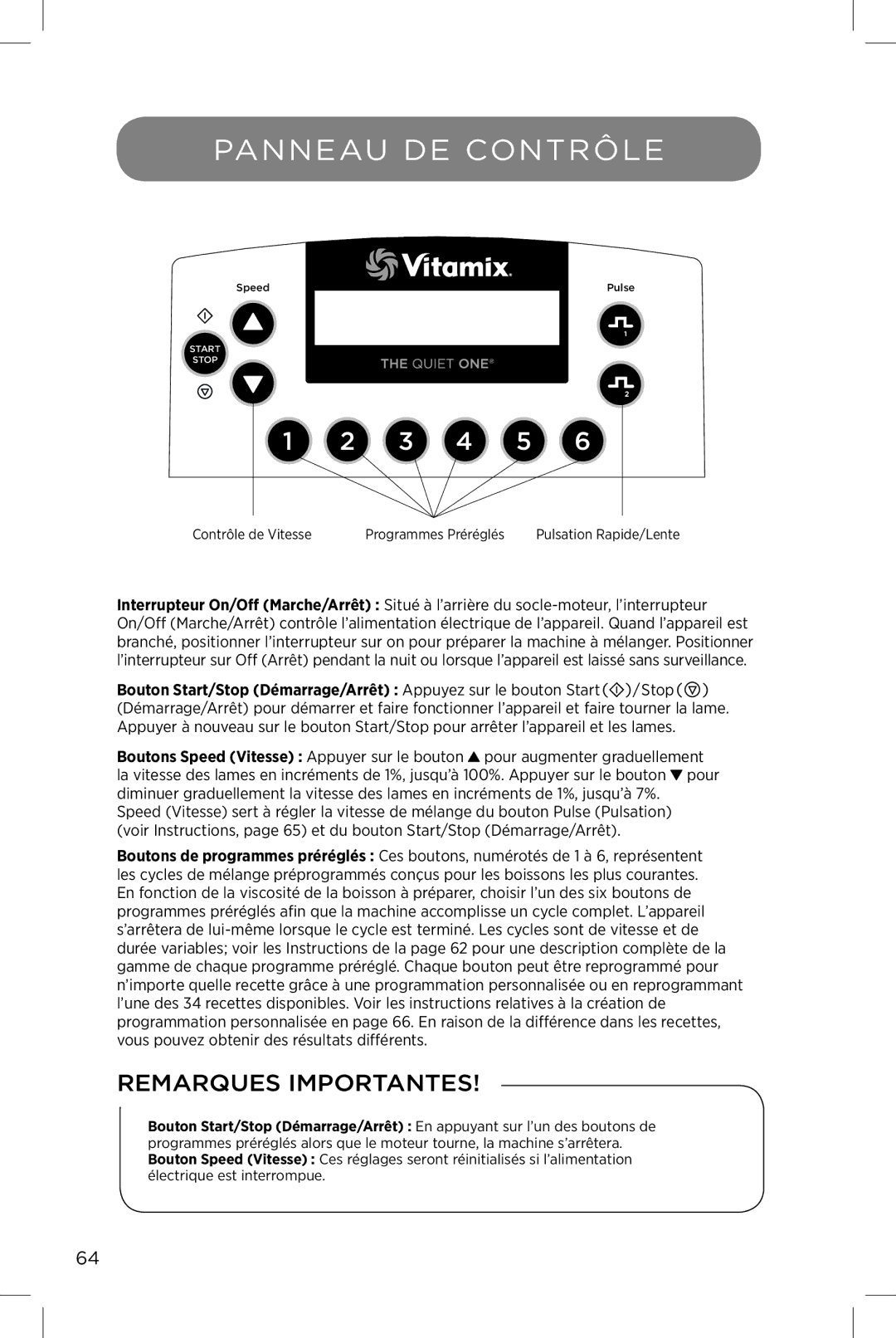 Vita-Mix The Quiet One manual Panneau DE Contrôle, Programmes Préréglés 