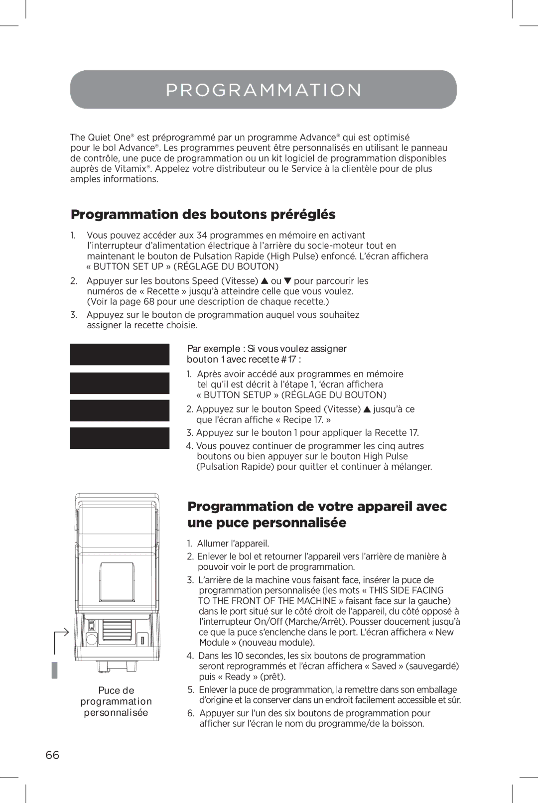 Vita-Mix The Quiet One manual Programmation des boutons préréglés, Puce de Programmation Personnalisée 