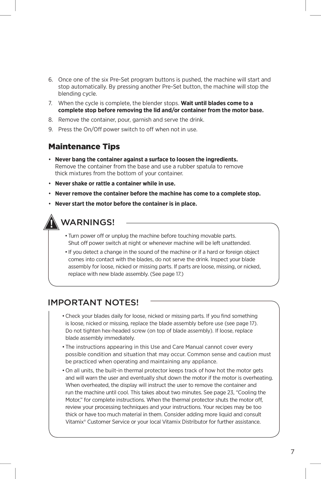 Vita-Mix The Quiet One manual Maintenance Tips 