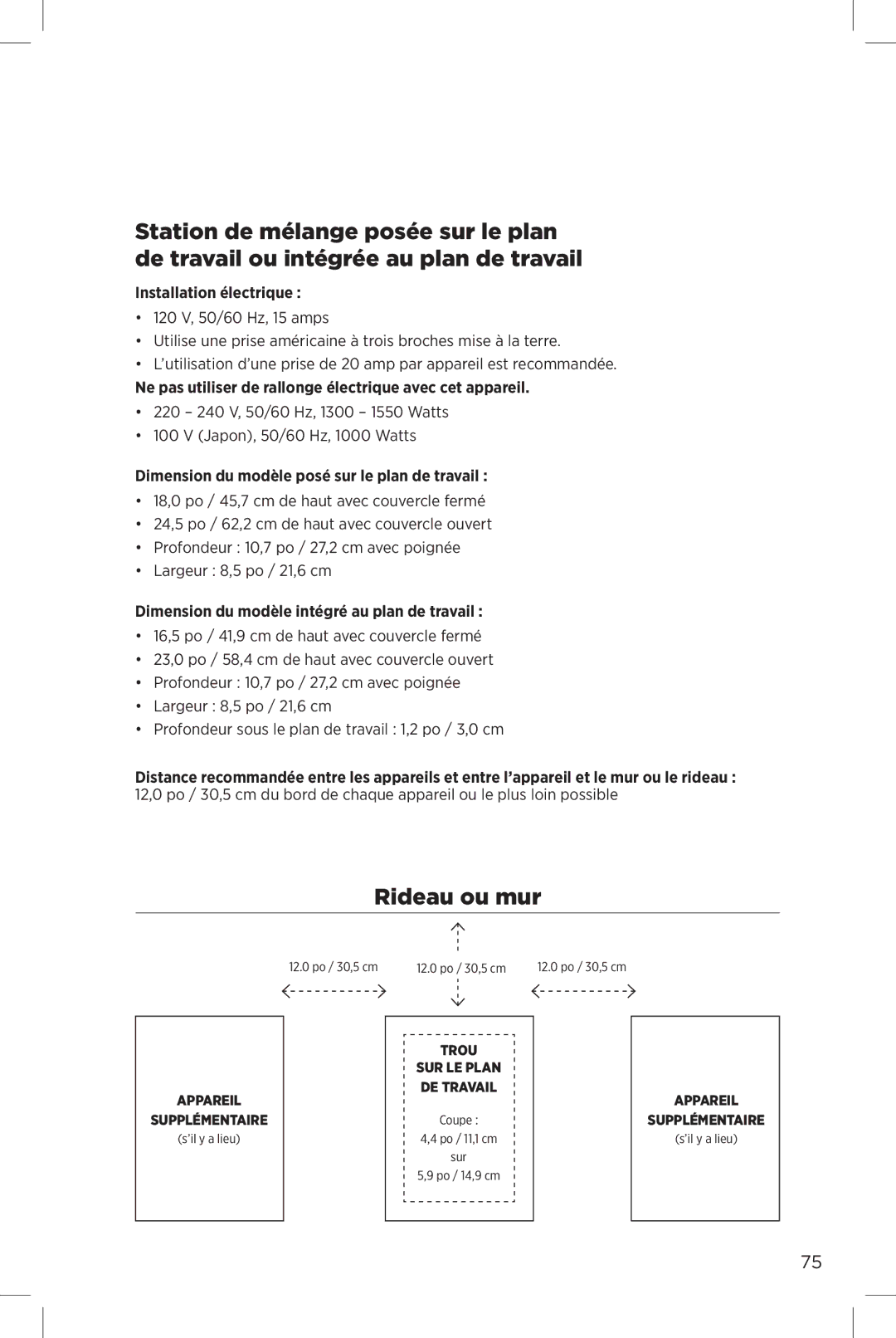 Vita-Mix The Quiet One Rideau ou mur, Installation électrique, Ne pas utiliser de rallonge électrique avec cet appareil 