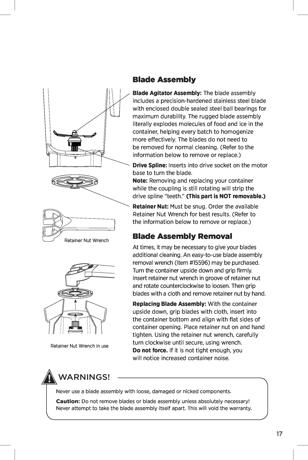 Vita-Mix The Quiet One manual Blade Assembly Removal, Warnings 