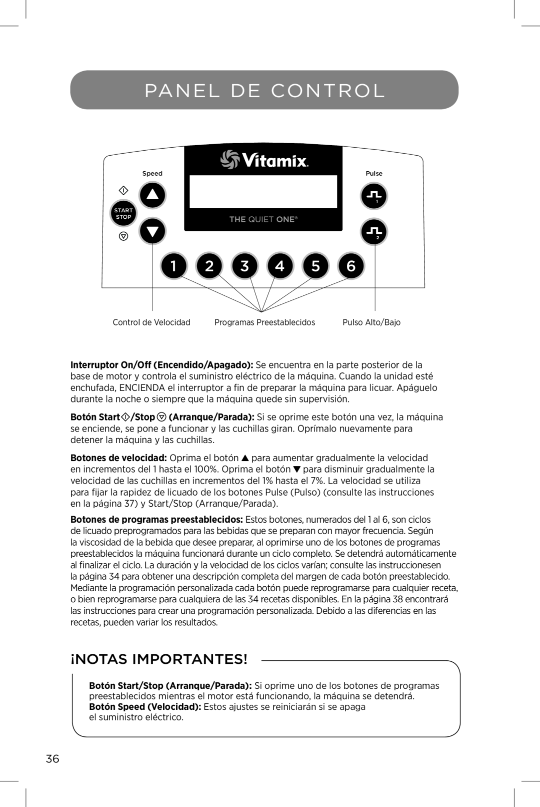 Vita-Mix The Quiet One manual Panel De Control, ¡Notas Importantes 