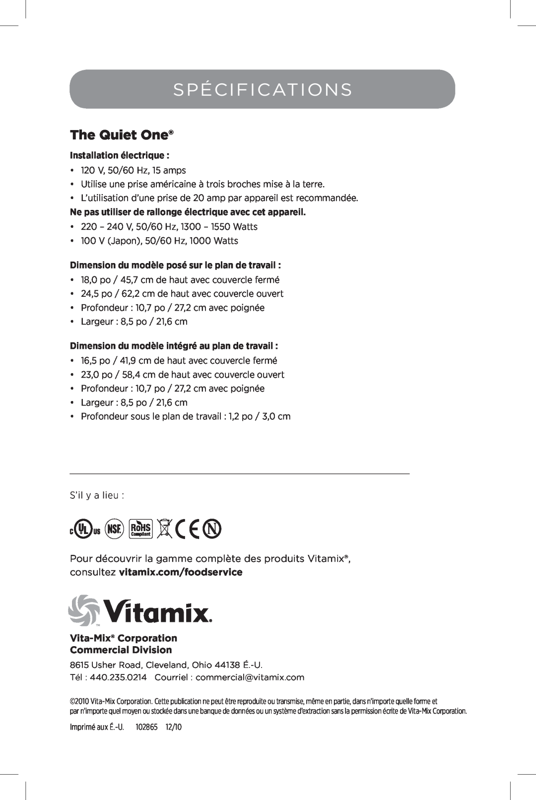 Vita-Mix The Quiet One manual Spécifications, Vita-Mix Corporation Commercial Division, Installation électrique 