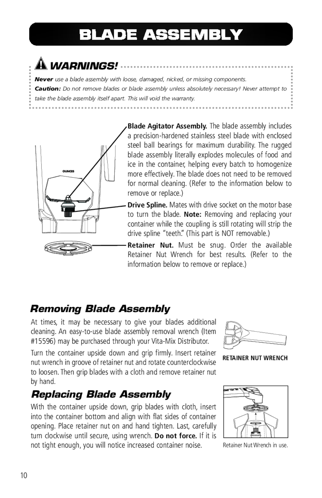 Vita-Mix VM0141 manual Removing Blade Assembly, Replacing Blade Assembly 