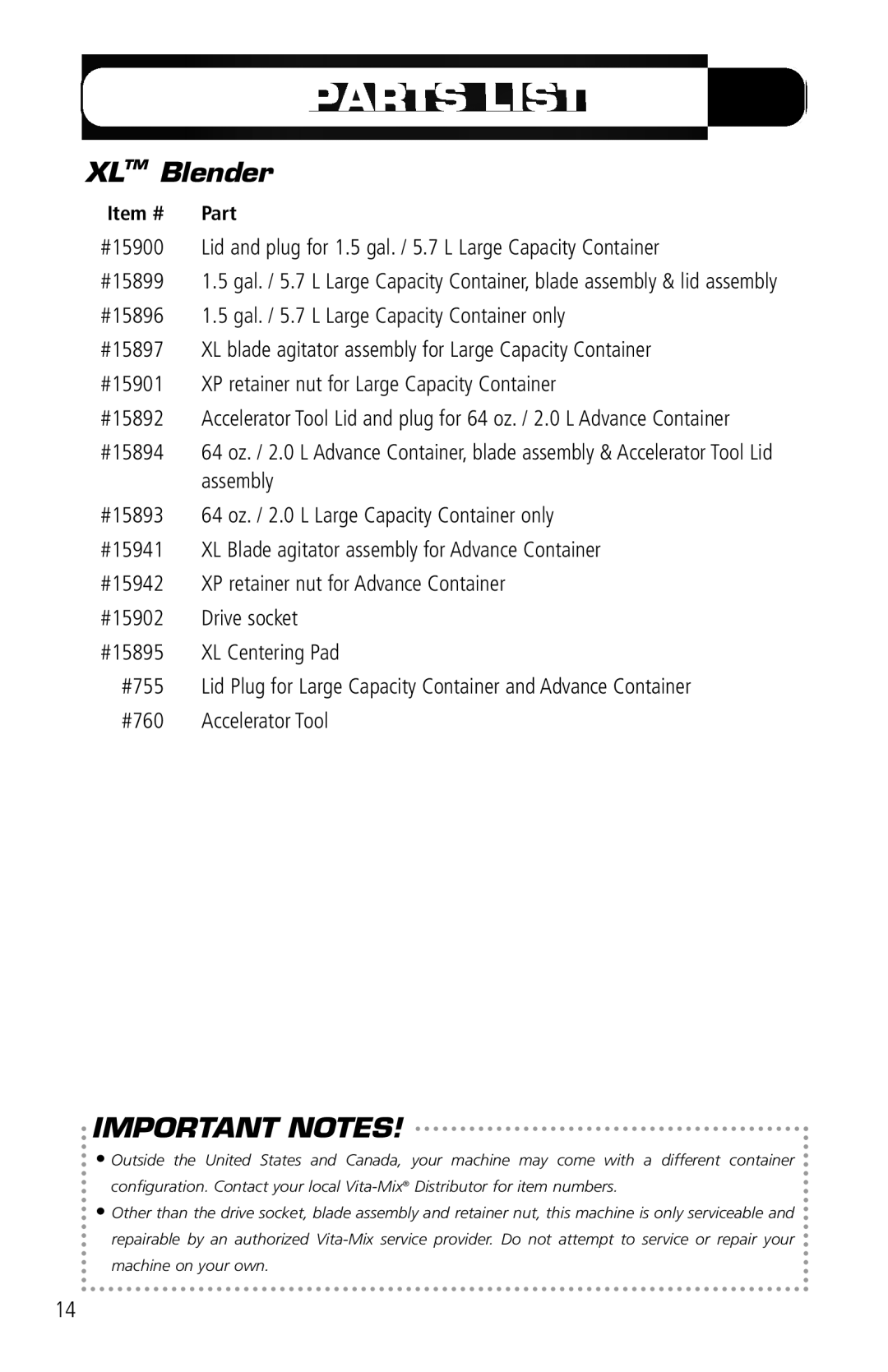 Vita-Mix VM0141 manual Parts List, XL TM Blender 