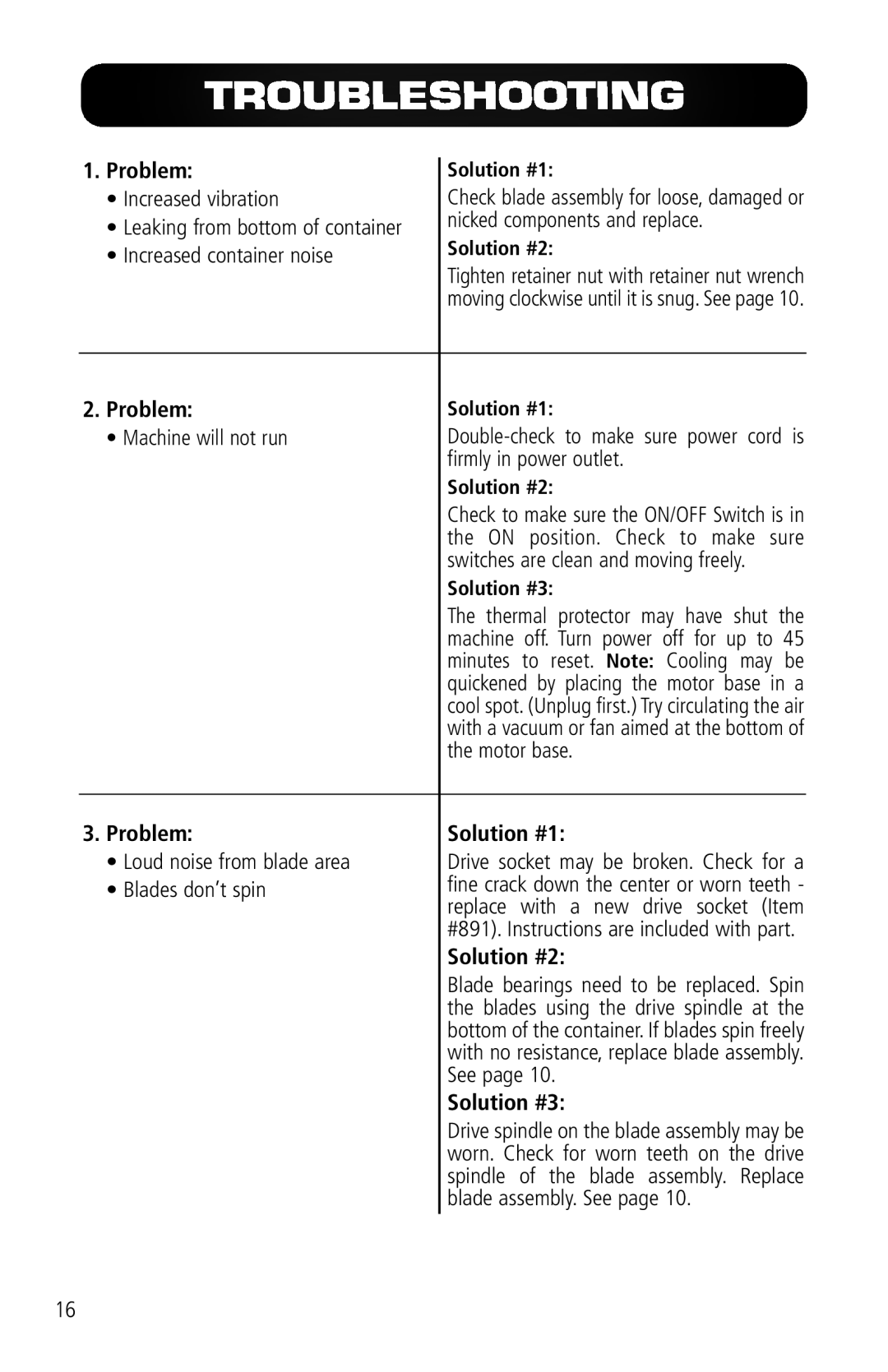 Vita-Mix VM0141 manual Troubleshooting, Problem 