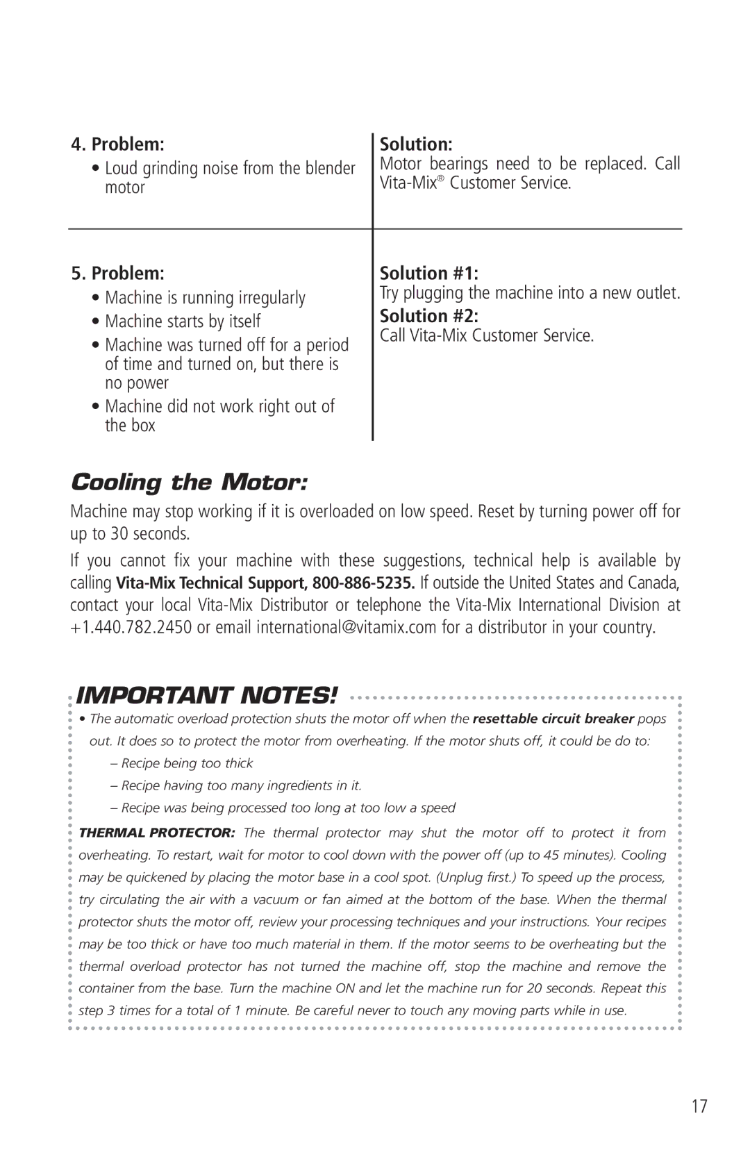 Vita-Mix VM0141 manual Cooling the Motor, Problem Solution 