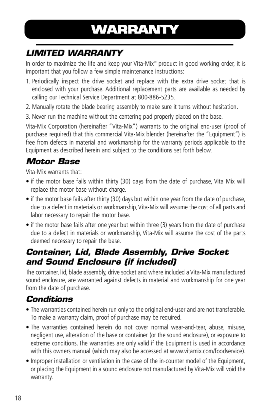 Vita-Mix VM0141 manual Warranty, Motor Base, Conditions 