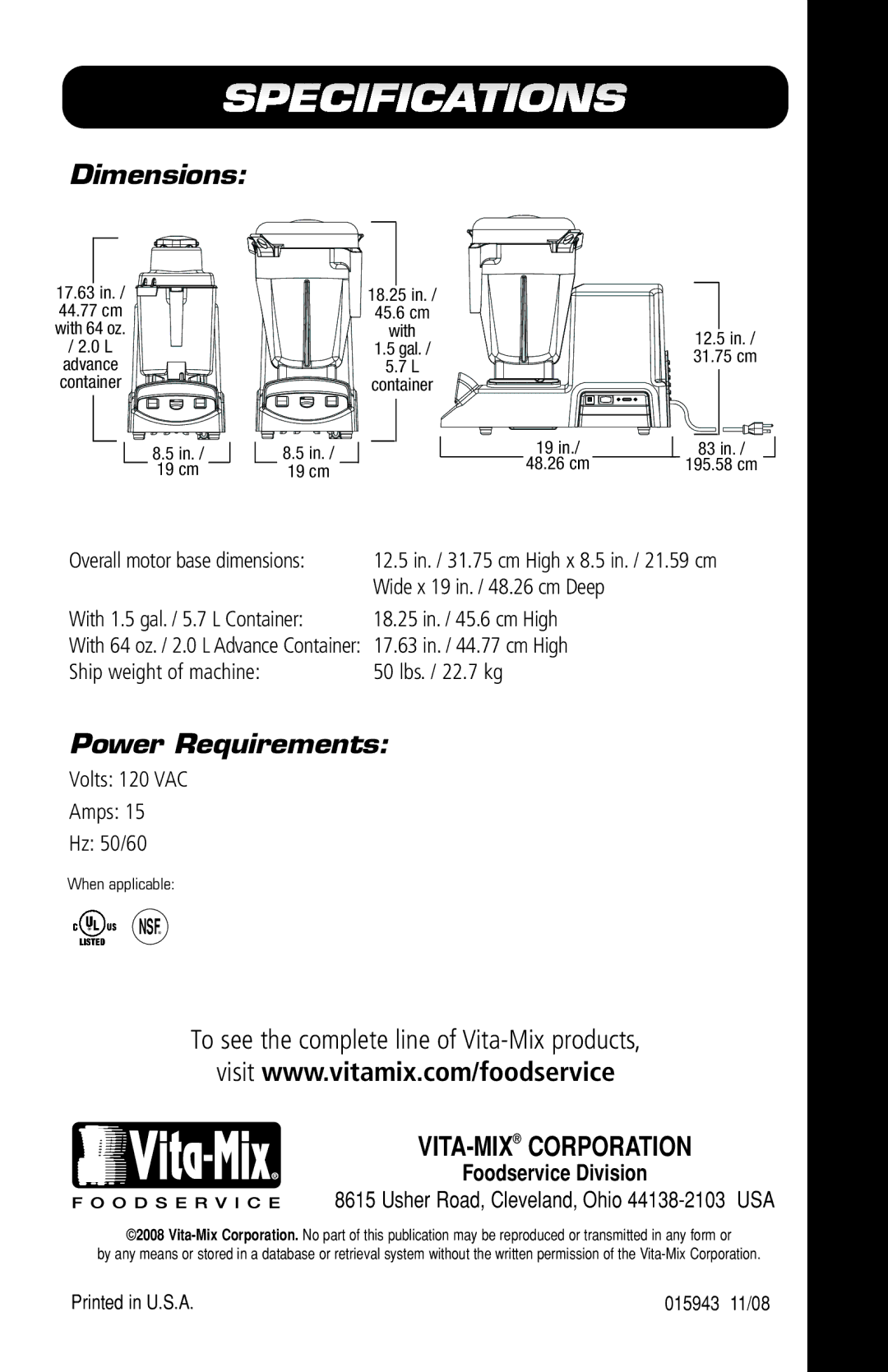 Vita-Mix VM0141 manual Dimensions, Power Requirements 