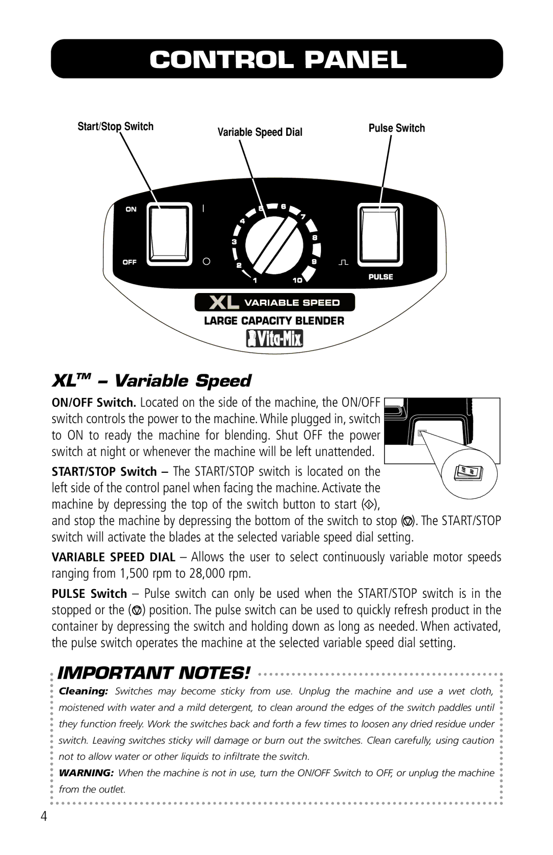 Vita-Mix VM0141 manual Control Panel, Xltm Variable Speed 