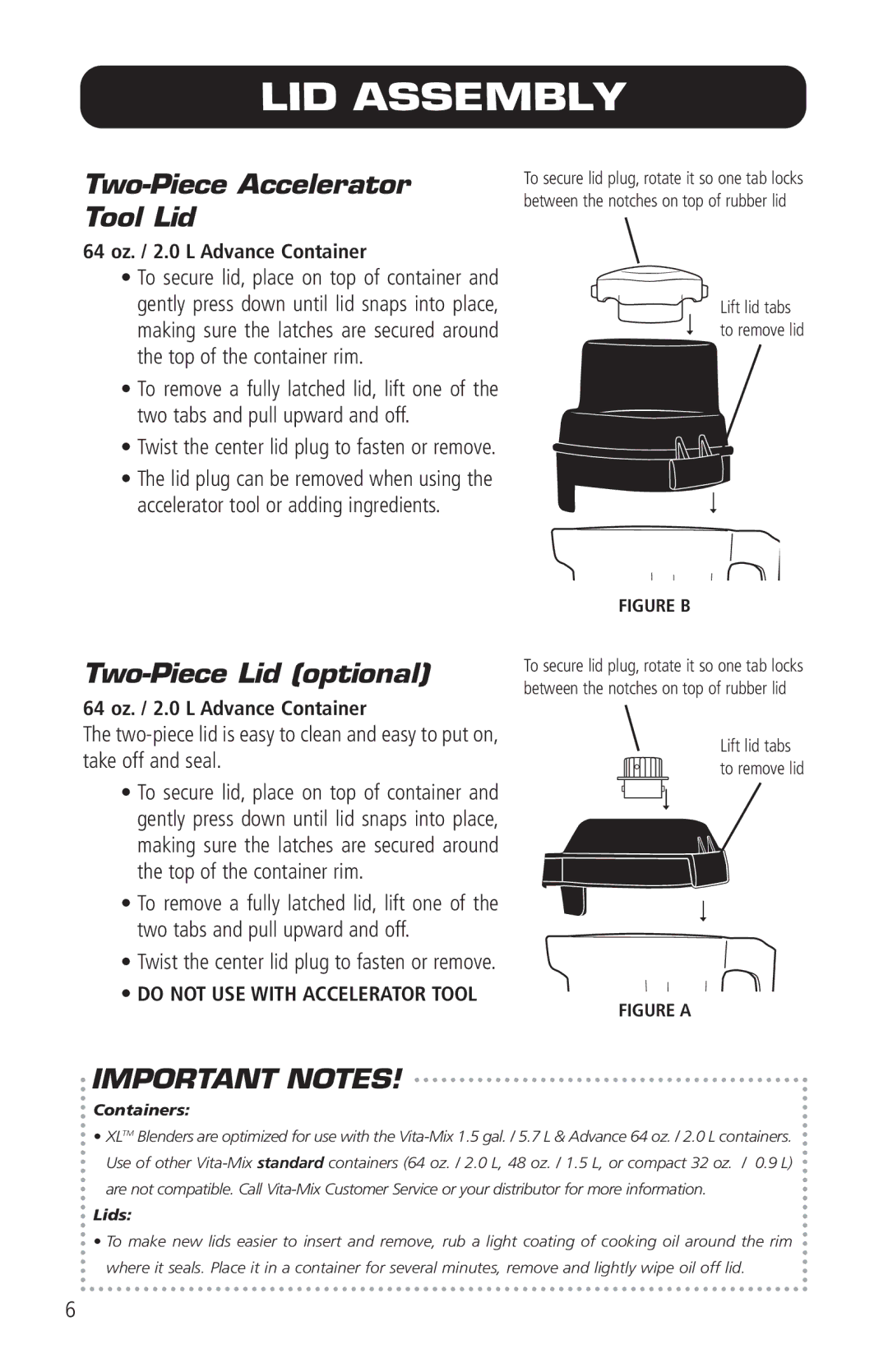 Vita-Mix VM0141 manual LID Assembly, Two-Piece Accelerator Tool Lid, Two-Piece Lid optional 