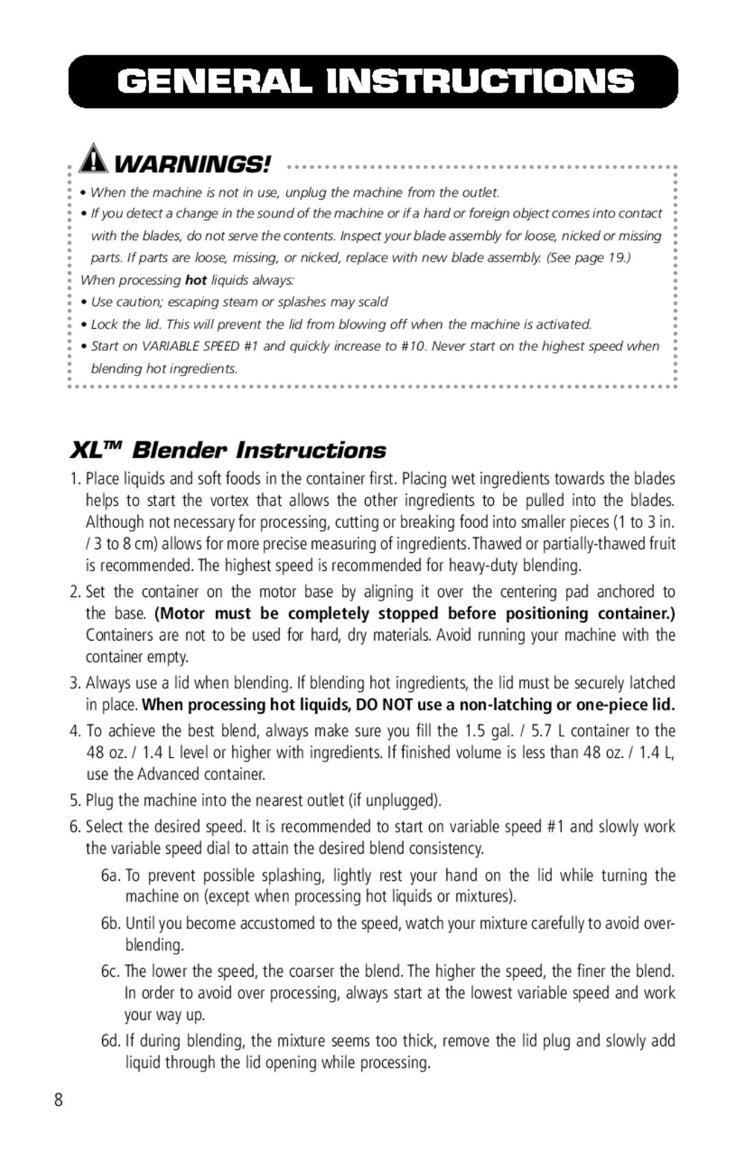 Vita-Mix VM0141 manual General Instructions, Xltm Blender Instructions 