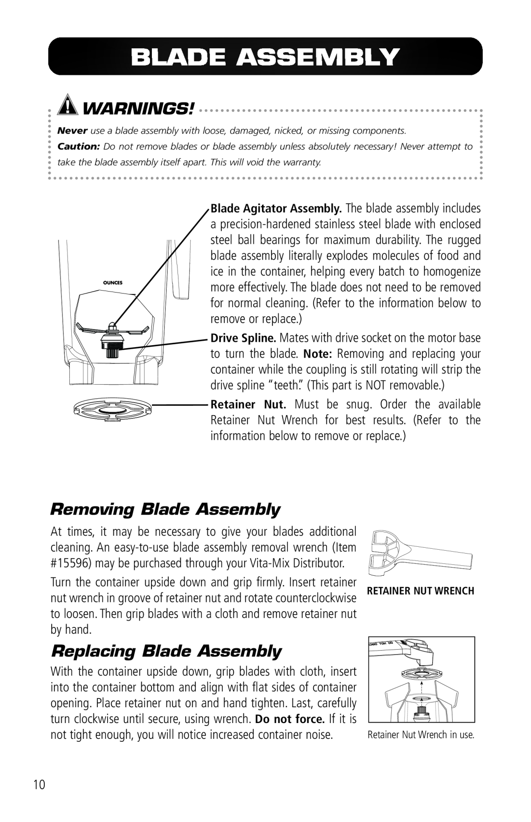 Vita-Mix VM0141 manual Removing Blade Assembly, Replacing Blade Assembly, Warnings 