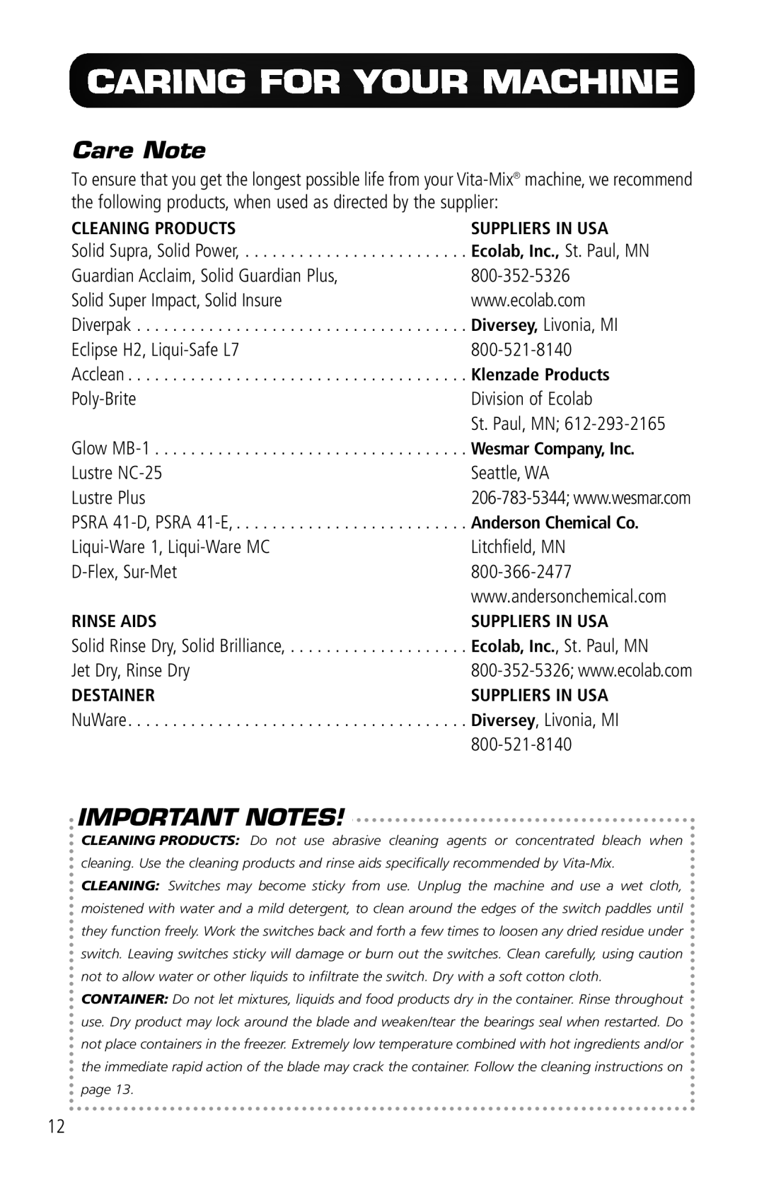 Vita-Mix VM0141 manual Caring For Your Machine, Care Note, Important Notes 