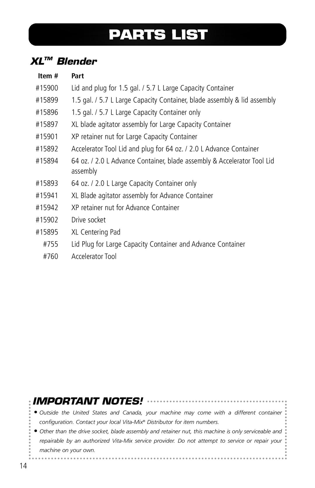 Vita-Mix VM0141 manual Parts List, XLTM Blender, Important Notes 