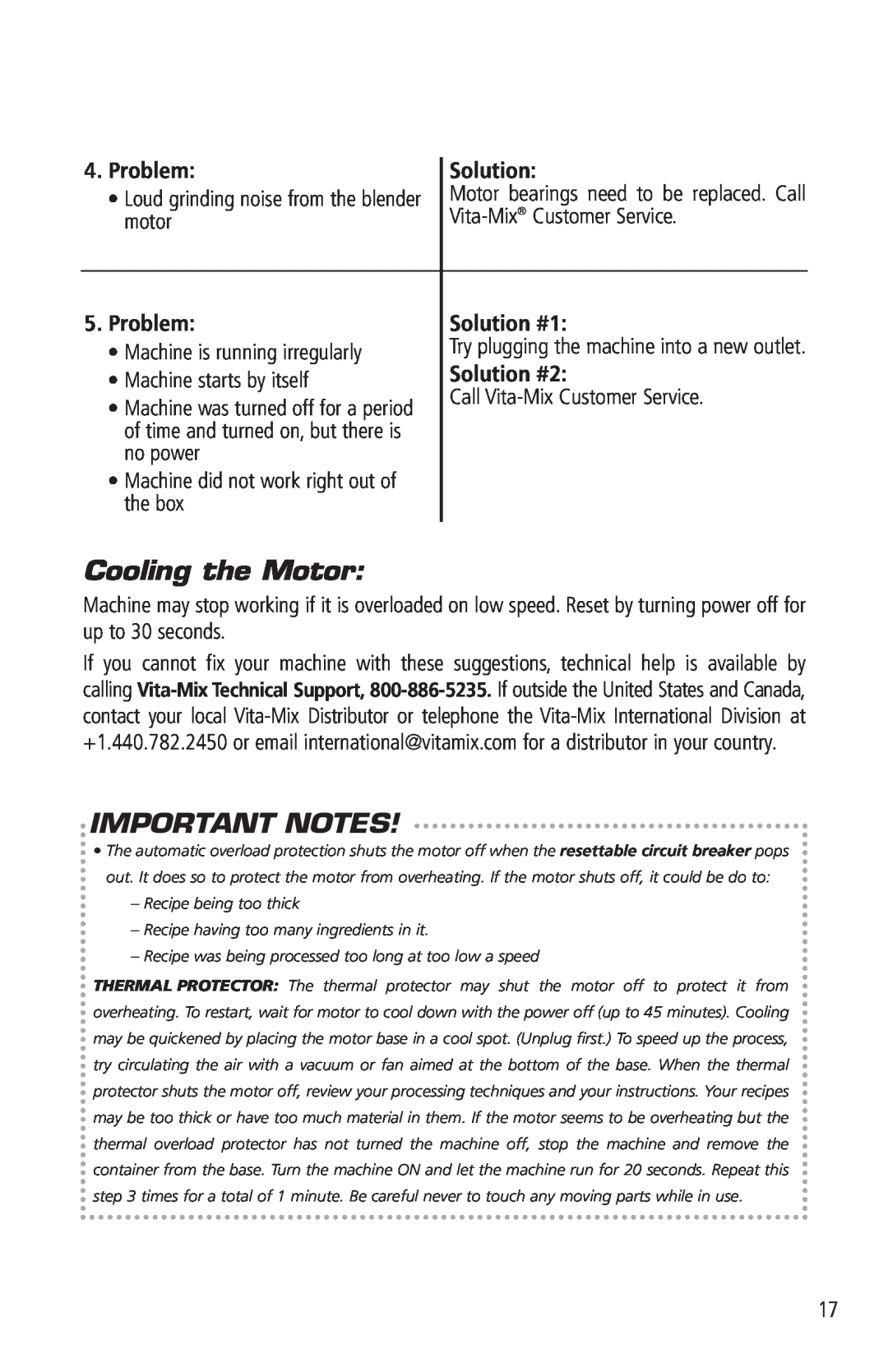 Vita-Mix VM0141 manual Cooling the Motor, Problem, Important Notes, Solution #1, Solution #2 