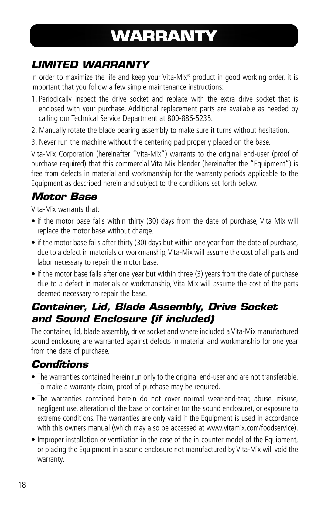 Vita-Mix VM0141 manual Limited Warranty, Motor Base, Conditions 