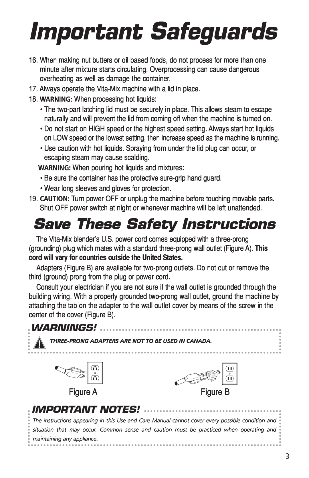 Vita-Mix VM0141 manual Warnings, Important Notes, Important Safeguards, Save These Safety Instructions, Figure A 