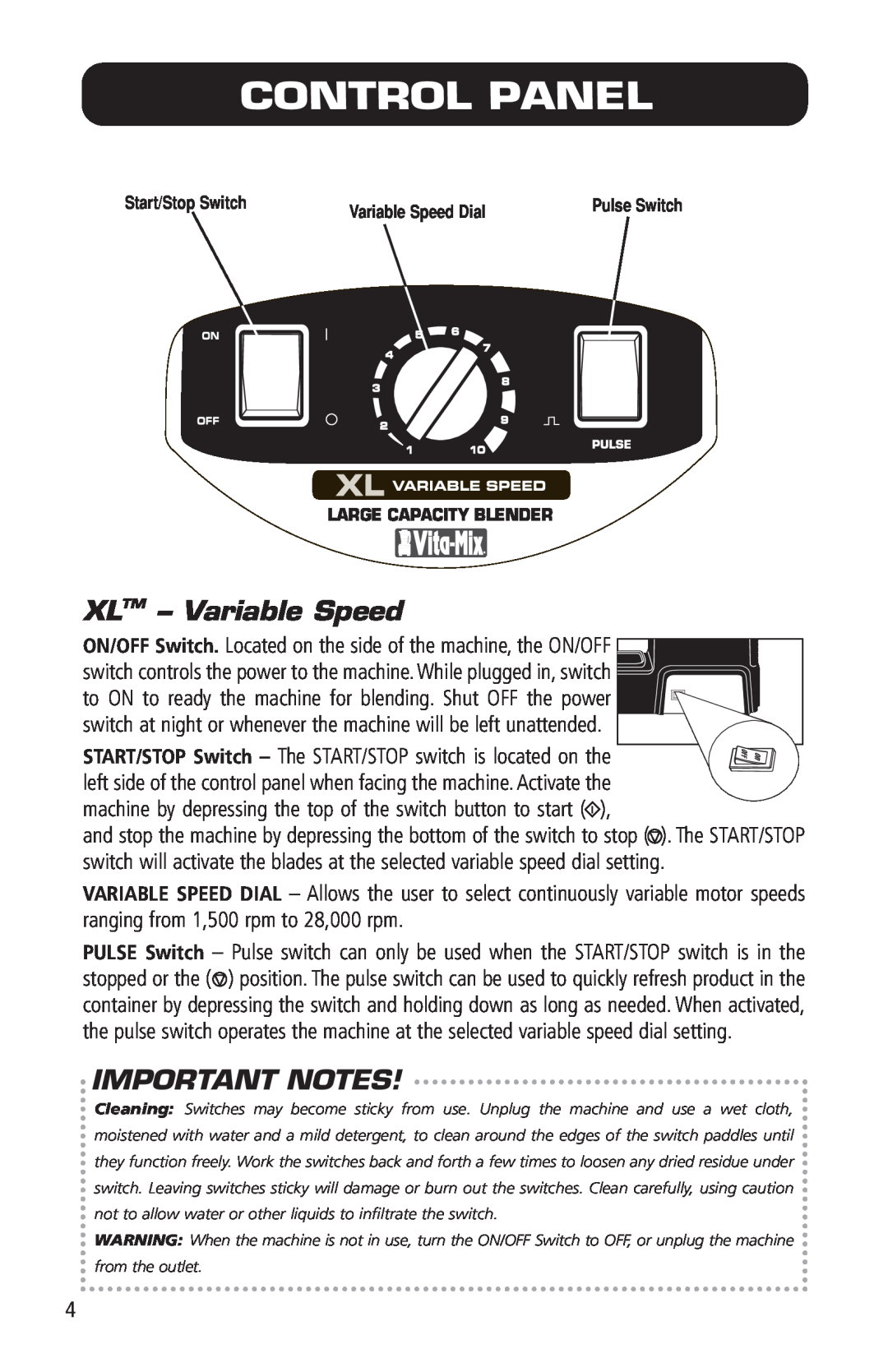 Vita-Mix VM0141 manual Control Panel, XLTM - Variable Speed, Important Notes 