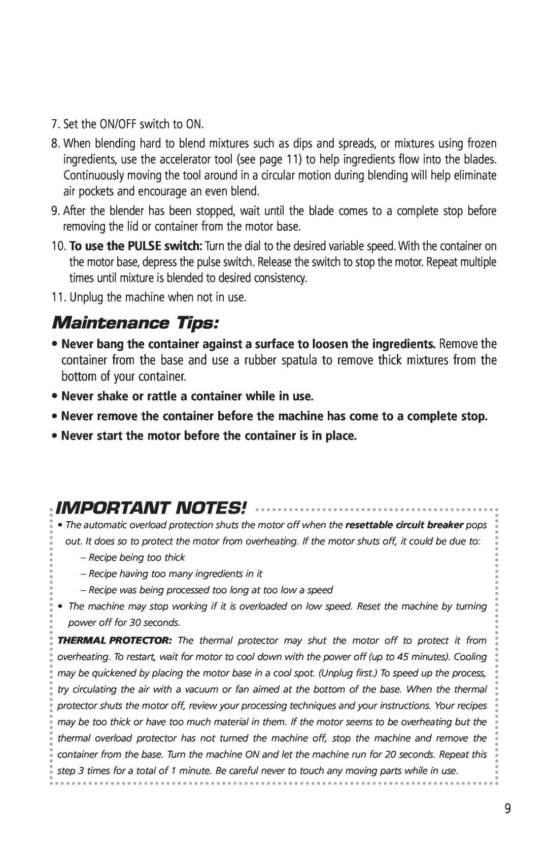 Vita-Mix VM0141 manual Maintenance Tips, Important Notes 