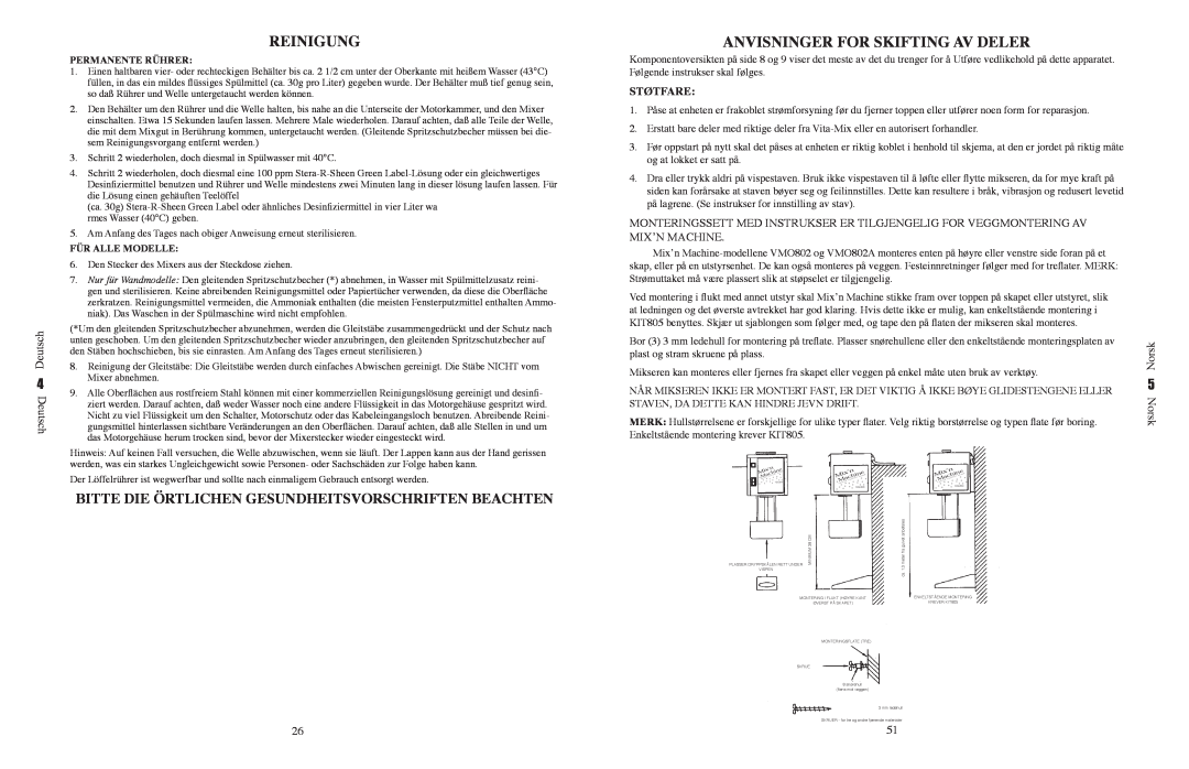 Vita-Mix VM0800 manual Reinigung, Anvisninger For Skifting Av Deler, Støtfare 