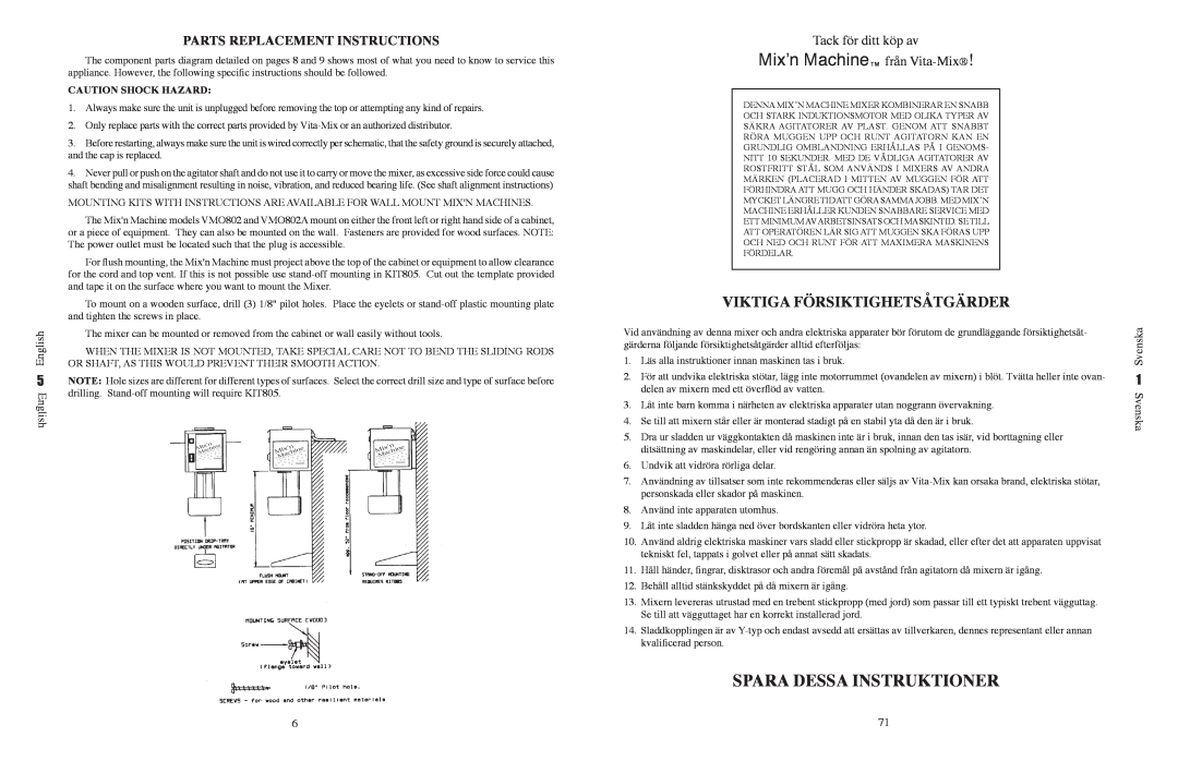 Vita-Mix VM0800 manual Mix’n Machine från Vita-Mix, Spara Dessa Instruktioner, Viktiga Försiktighetsåtgärder 