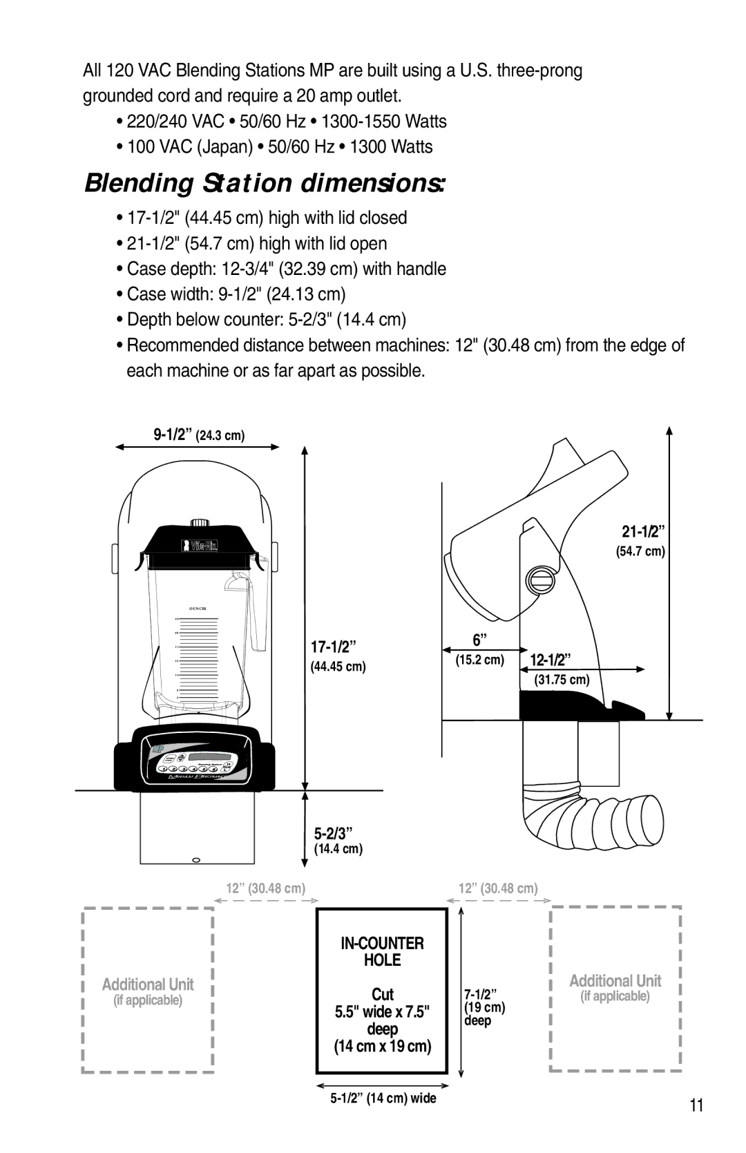 Vita-Mix XTG012 owner manual Blending Station dimensions 