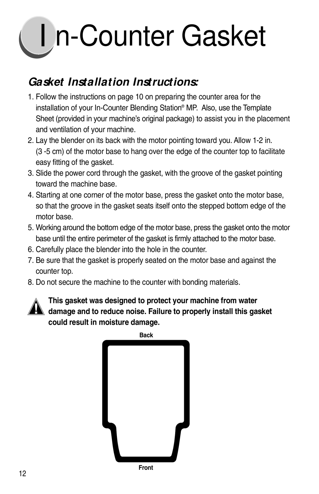 Vita-Mix XTG012 owner manual Counter Gasket, Gasket Installation Instructions 