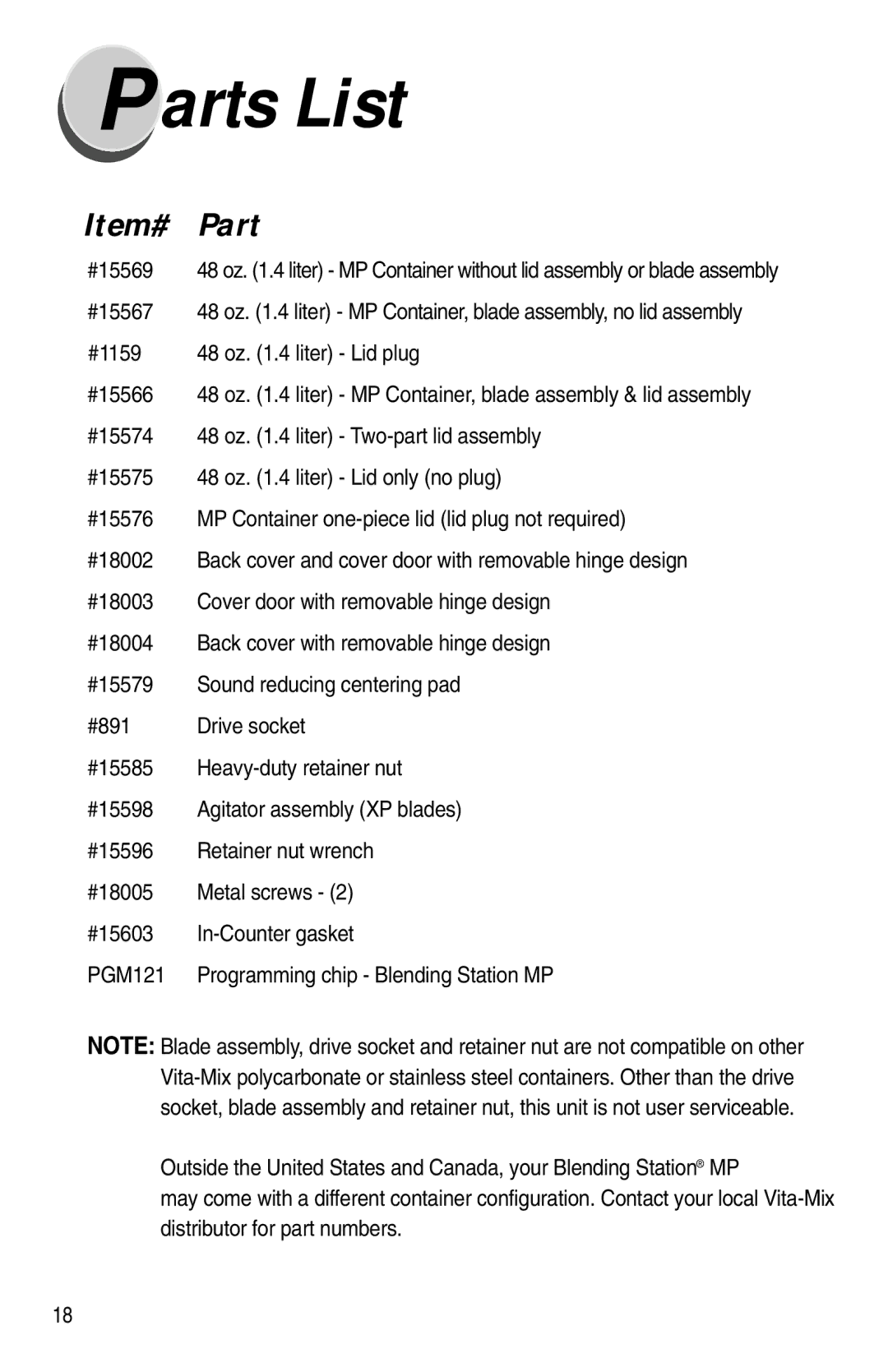 Vita-Mix XTG012 owner manual Arts List, Item# Part, #15569, #15567, #1159 48 oz .4 liter Lid plug #15566 