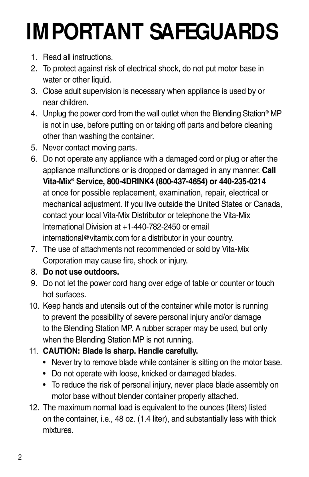 Vita-Mix XTG012 owner manual Important Safeguards 