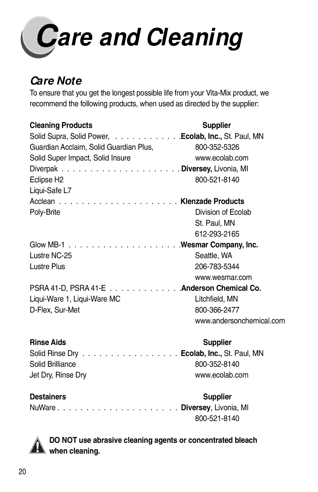 Vita-Mix XTG012 owner manual Are and Cleaning, Care Note 