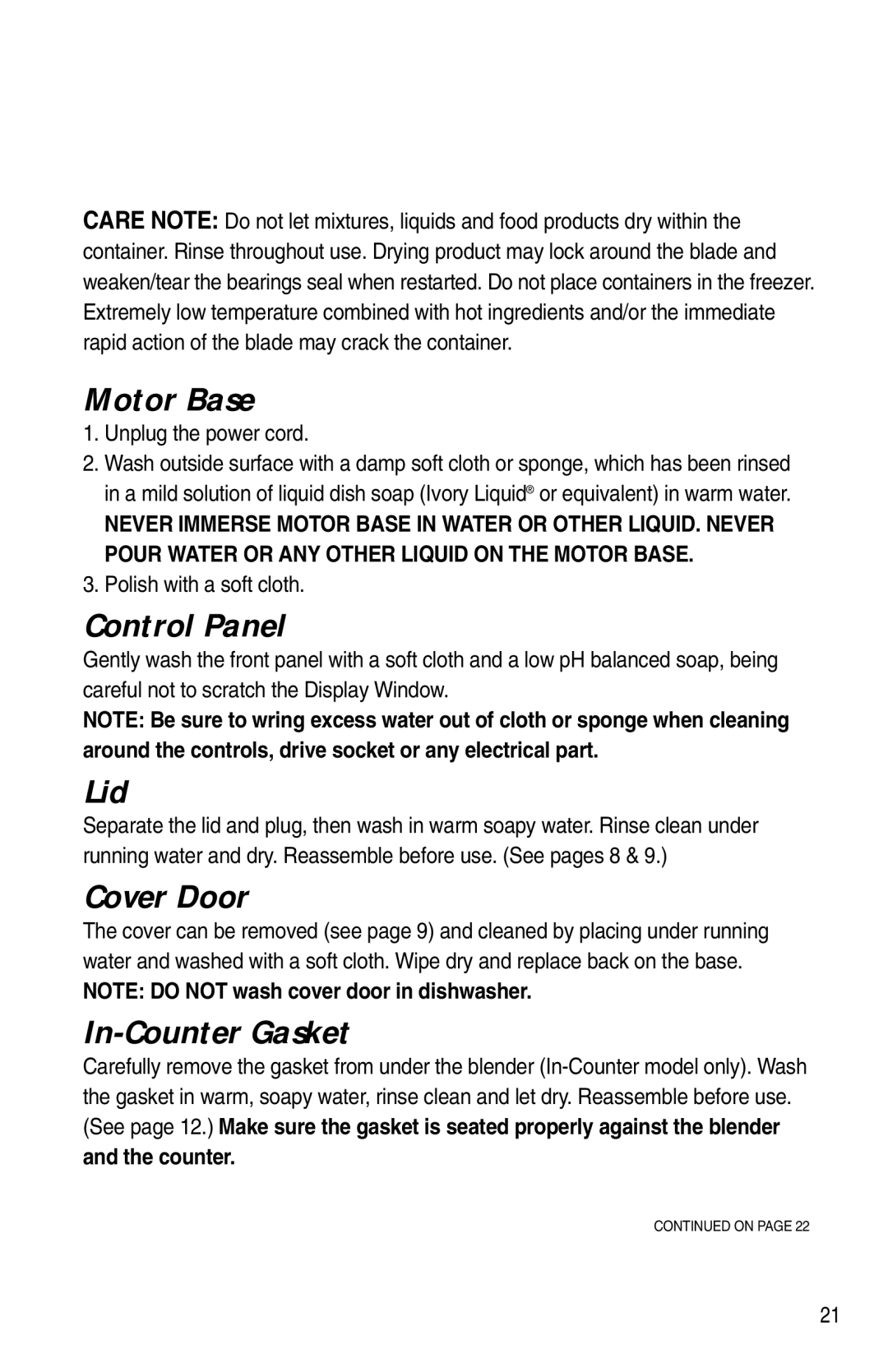 Vita-Mix XTG012 owner manual Motor Base, Control Panel, Lid, Cover Door, In-Counter Gasket 